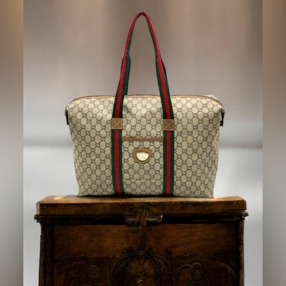 🤩NEW ITEM 🚨💰LUX GUCCI PLUS PVC SHERRY TAN LINE LARGE BAG - Picture 1 of 16